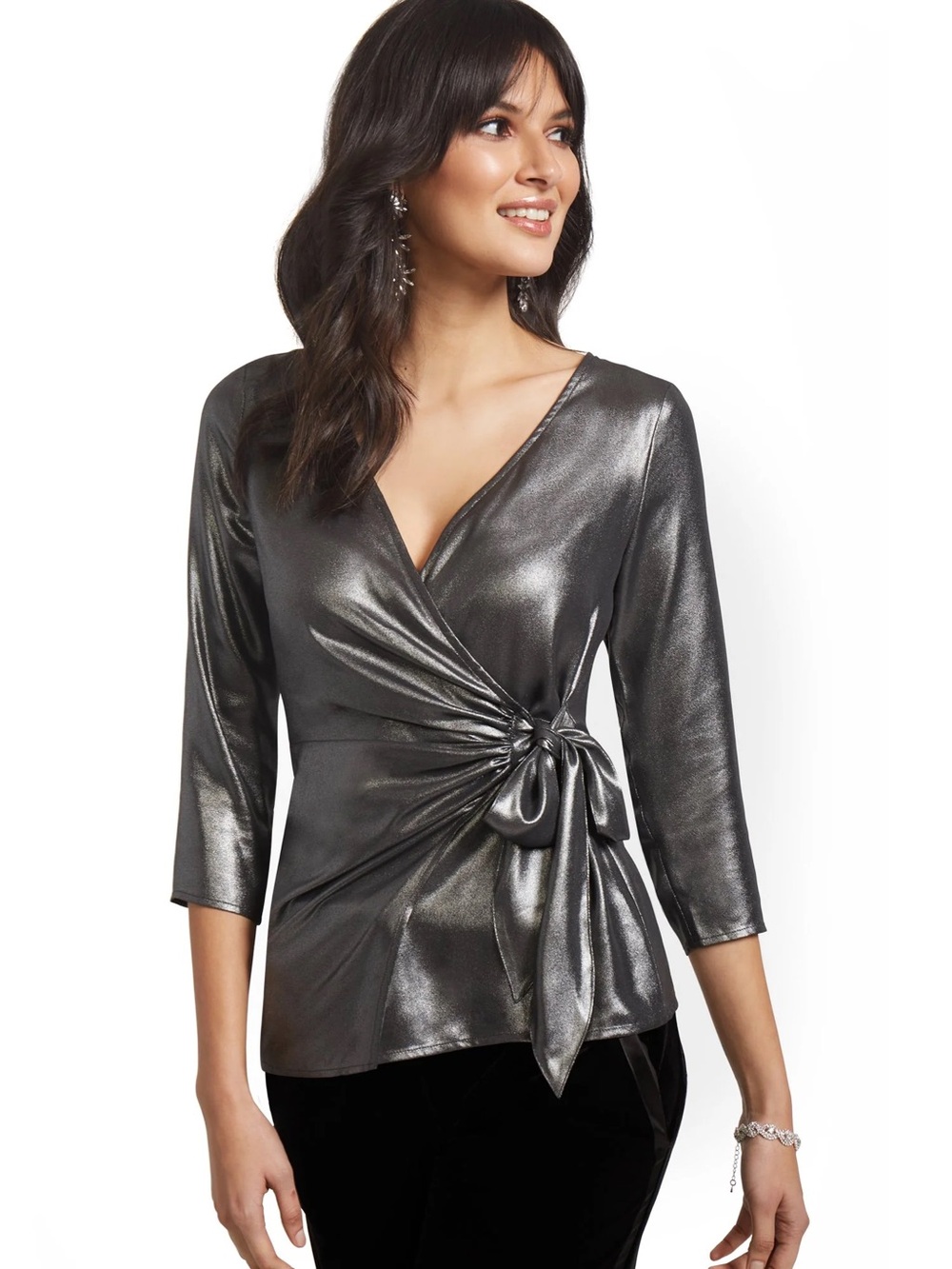 New York & Company Foil V-Neck Wrap Blouse NWT Silver Size L